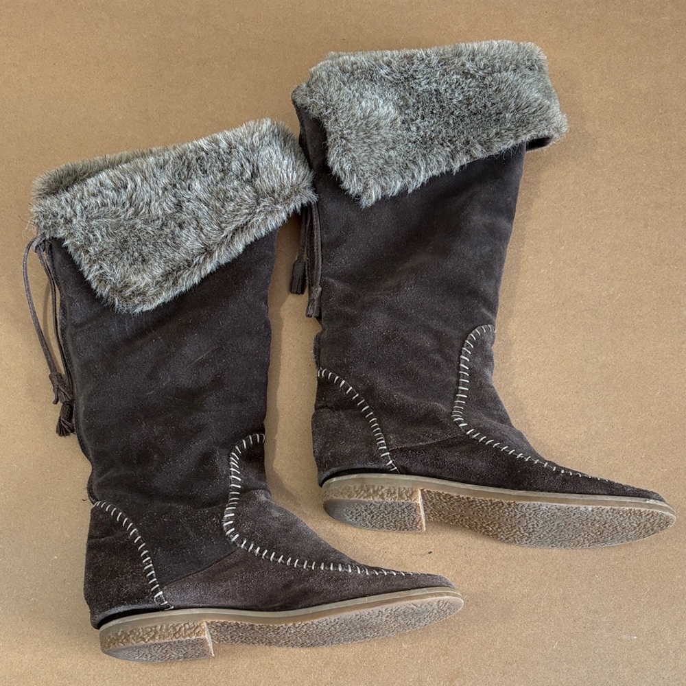 Jack Rogers Nell Brown Suede Faux Fur Tall Flat Boots Boho Western Festival Sz 9
